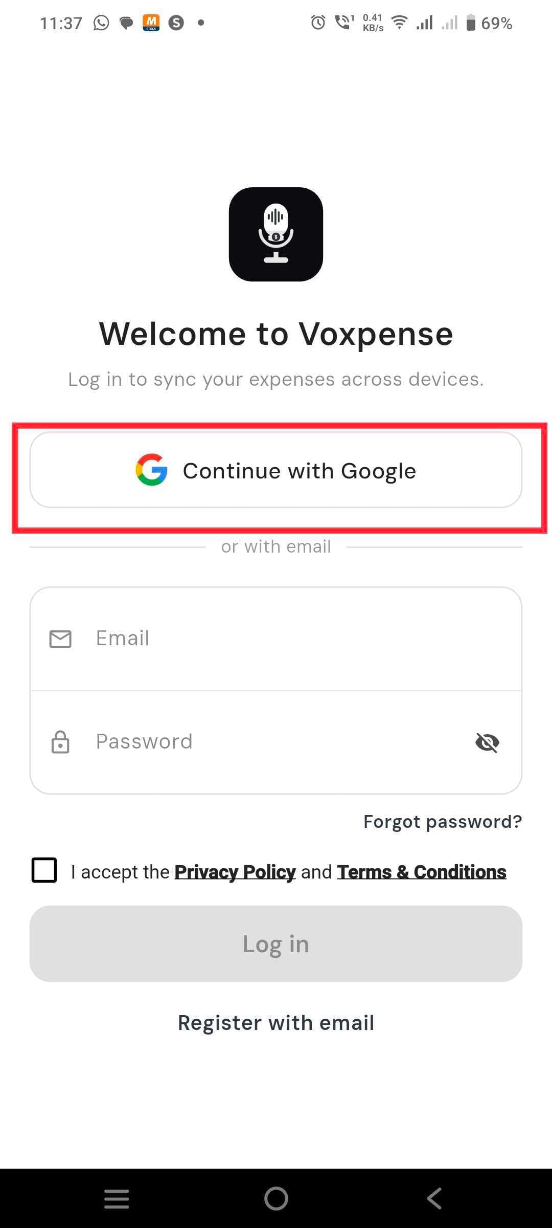 Voxpense app screenshot — Step 1: Login to App