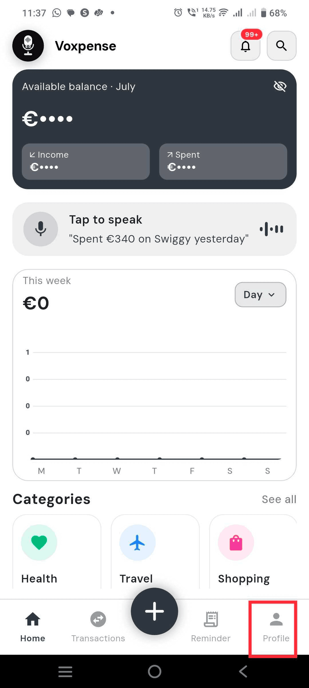 Voxpense app screenshot — Step 2: Go to Profile Section