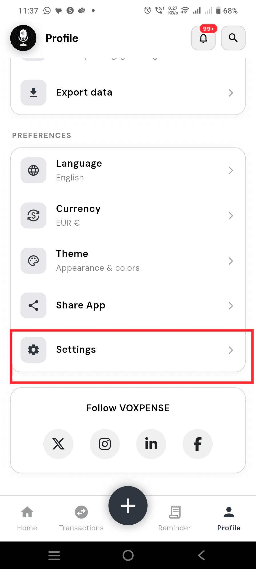 Voxpense app screenshot — Step 3: Go to Setting Section