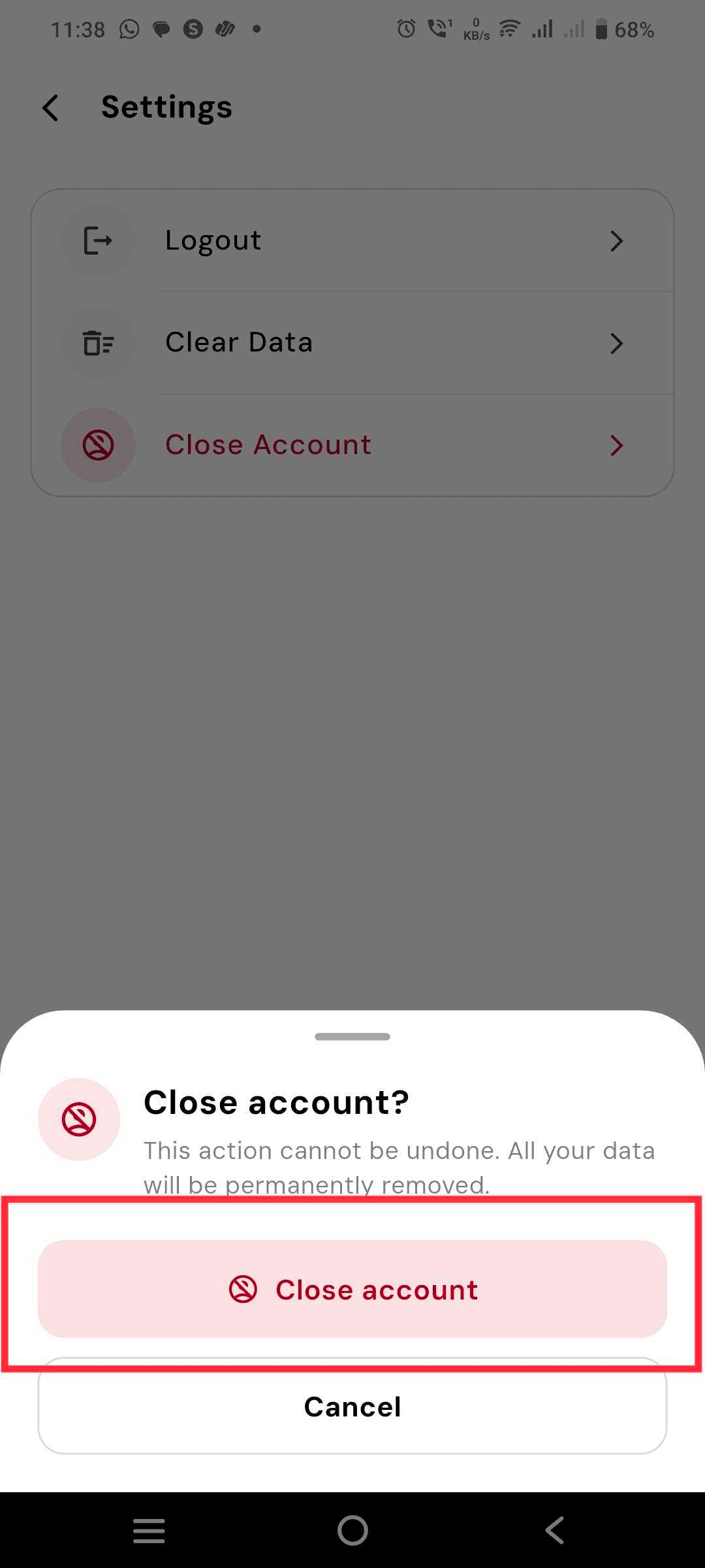 Voxpense app screenshot — Step 5: Confirm the Close Account Action